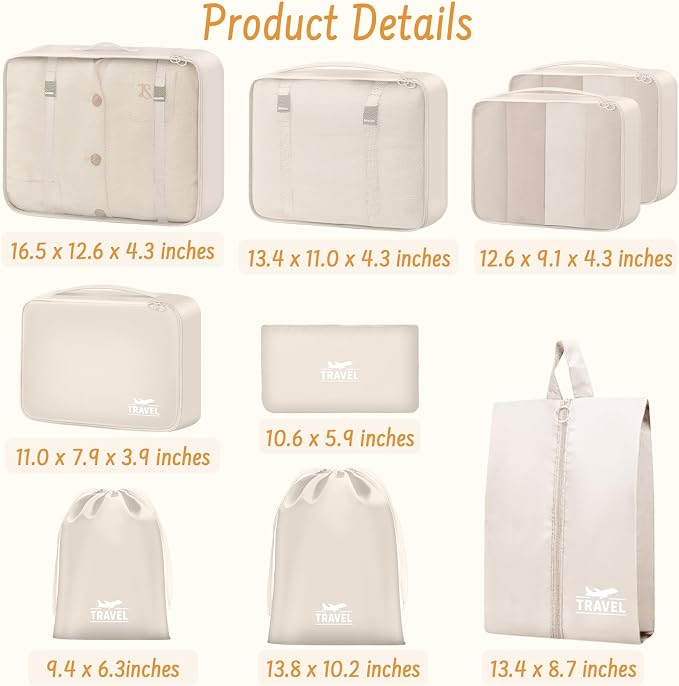 9 Set Packing Cubes for Travel Essentials - Lightweight Carry-On Luggage Organizer Bags with Shoe, Clothes & Laundry Bags for Airplane, Family & Business Travel, Beige - Image 2
