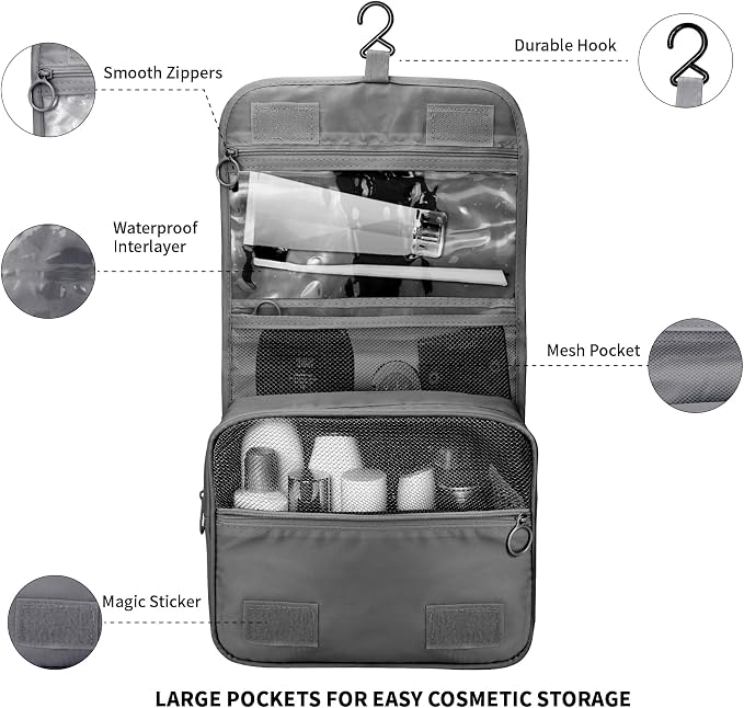 Lcsmaokin Large Capacity Travel Toiletry Bag with Hanging Hook for Men and Women Waterproof Travel Bathroom Storage Bag for Brushes Set,Mens Bathroom Bag Accessories-Black - Image 3