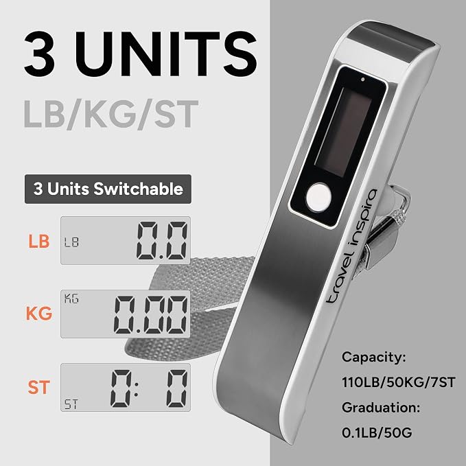 travel inspira Luggage Scale, Portable Digital Hanging Baggage Scale for Travel, Suitcase Weight Scale with Rubber Paint, 110 Pounds, Battery Included - Image 5