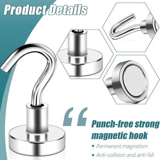MAGXCENE 100 Pack Magnetic Hooks Heavy Duty 25 lbs Strong Rare Earth Magnet Hooks for Hanging, Refrigerator, Neodymium Magnets with Hooks for Grill Kitchen Tool Storage - Image 3