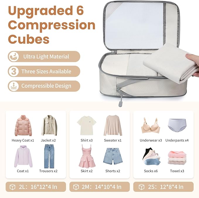 Compression Packing Cubes for Travel, Lightweight Vacation Travel Essentials, Travel Accessories for Suitcase Organizer Bags Set, Durable Luggage Organizer - Image 2