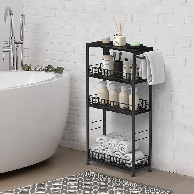 NOVIMANGO Slim Rolling Storage Cart, for Bathroom Small Spaces, Black | 4 Tier Slim Storage Cart, Rolling Kitchen Cart with Handle, Wood Rolling Storage Cart for Kitchen, with Wood Tabletop - Image 7