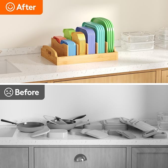 Lifewit Bamboo Lid Organizers for Inside Cabinet with 6 Sections | Food Container Lid Holder with 5 adjustable Inserts, Kitchen Pantry organizer and storage, Large, 13.2" x 10", Natural - Image 8