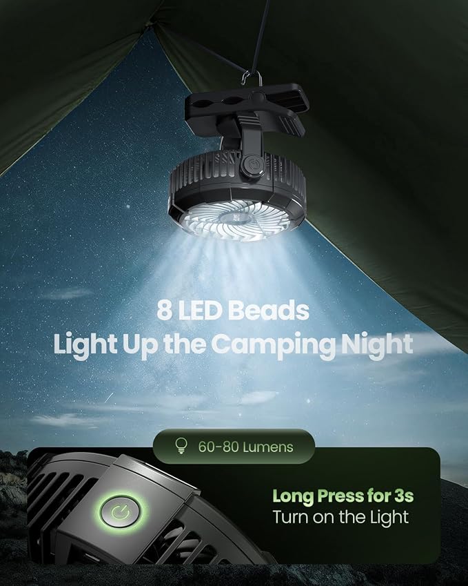 Gaiatop Portable Camping Fan with LED Lantern, Clip on Fan for Tent | USB Rechargeable Battery Powered, 360° Adjustable Tilt, LED Digital Display, Up to 14H Runtime, Outdoor & RV Use - Image 4