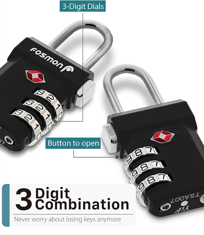 Fosmon TSA Approved Luggage Locks, 3 Digit Combination, 2 Pack Black | Push Release Button, Extra Security, Suitcase Travel Lock, Backpack Zipper Anti Theft, Gym Locker Gun Case Lock - Image 3