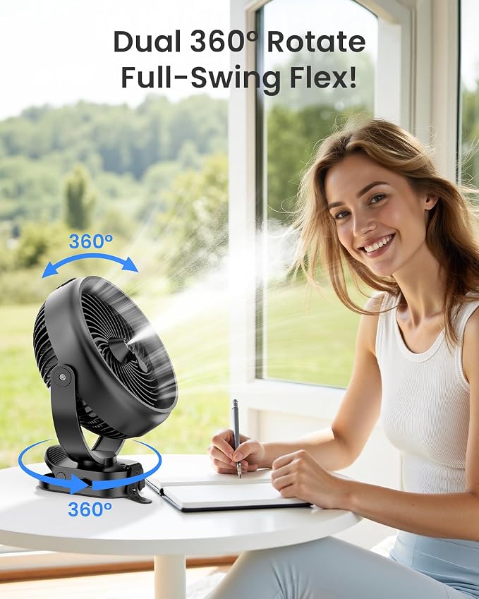 Koonie 8'' 10000mAh Battery Operated Misting Fan with Max. 48 Hrs Runtime | Portable Mist Desk Fan with Clip, 3 Speeds, 2 Spray Modes, 200ML Tank for Golf Cart Home Office Travel Camping Stroller - Image 8