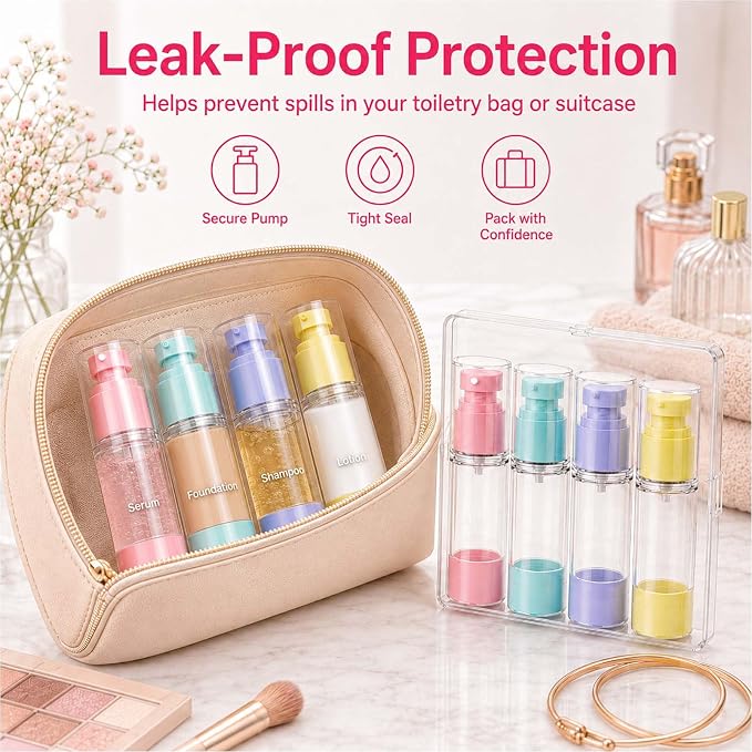 4 Pack Airless Pump Bottles, 1 oz Leakproof Travel Bottles with Pump for Toiletries, Small Empty Containers with Lids for Lotion Creams Serum Skin Care Shampoo Cosmetic Moisturizer Dispenser - Image 2