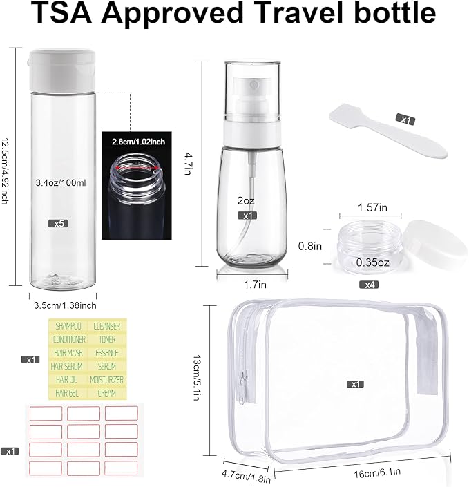 Travel Bottles for Toiletries 9 PCS 3.4oz Wide Mouth Clear Bottles | Wide Mouth, TSA Approved, Leak Proof, 0.35oz Cream Jars, 2oz Spray Bottle, for Shampoo, with lable, and a Toiletry Bag - Image 2
