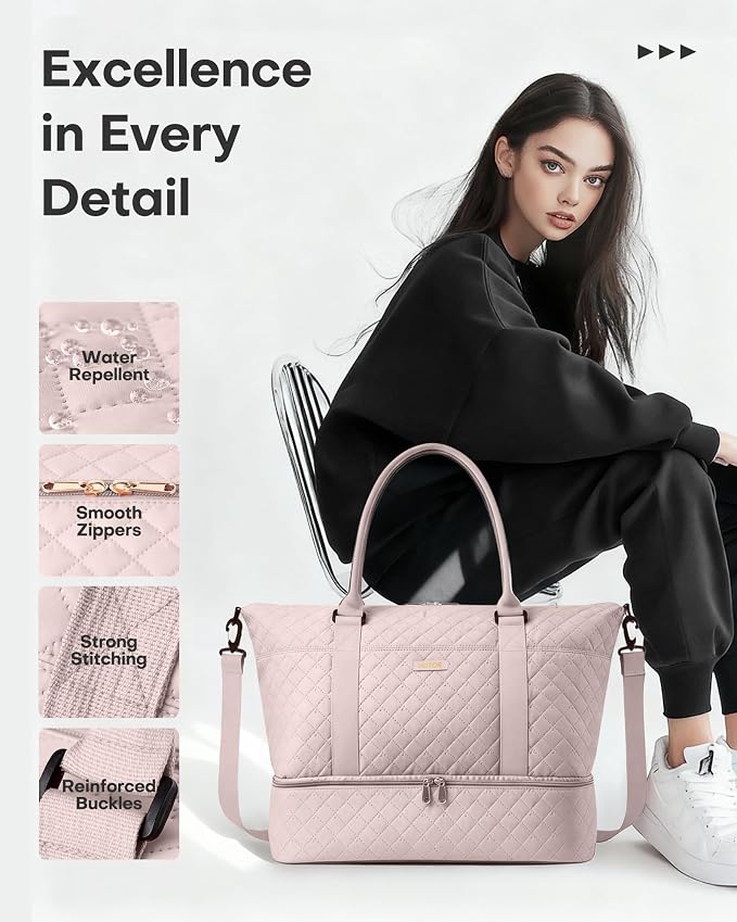 HOTOR Travel Duffel Bag - Weekender Bags for Women, Carry On Gym Tote Bags | with Toiletry Bag & Shoe Compartment, Overnight Bag for Travel Essentials and Travel Accessories, Pink, 13.4"×17.3"×7.9" - Image 7