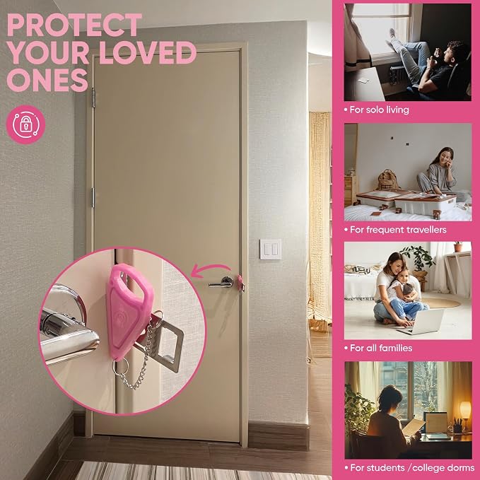 Portable Door Lock Extra Security Essential Safety & Privacy Travel Lockdown, Prevent Entry Stopper, Protect Family While Traveling Home Bedroom Hotel Apartment College (1 Pink) - Image 7