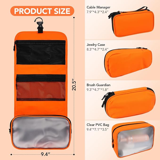 5-Piece Travel Toiletry Bag for Women, Organize Toiletries & Cosmetics | Personal Travel Essentials, with Hanging Toiletry Bag, Clear Cosmetic Bag, Makeup Bag, Jewelry Case & Cable Pouch- Orange - Image 3
