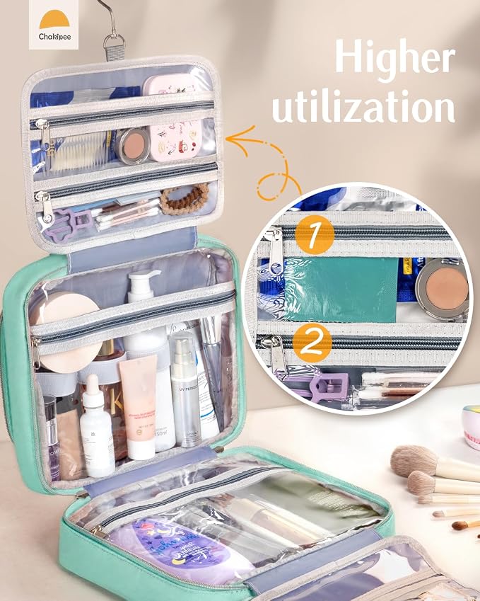 Travel Hanging Toiletry Bag for Women - Waterproof Cosmetic Organizer with Clear Window, Lightweight Bathroom Bags for Essentials, Makeup, Shampoo, Toiletries Green,Large - Image 6