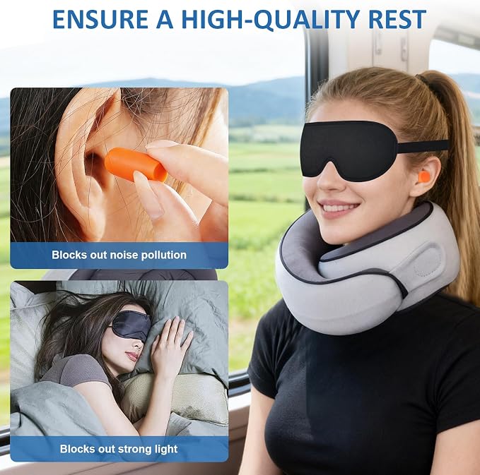 360° Full Support Compact Neck Airplane Pillow for Car, Office | Neck Pain Travel Pillow for Rest; Long Flight Kit with Contoured 3D Eye Mask, Earplugs & Portable Storage Box - Image 7