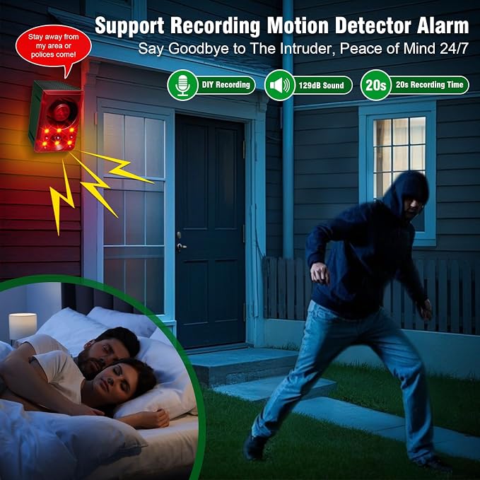 ChunHee Solar Outdoor Motion Sensor Alarm Dog Barking Gunshot Sound 130dB | Support Recording and Adjustable Volume,Loud Noise Maker 3 Work Modes Strobe Light for Home, Villa, Farm, Barn (1pack) - Image 2