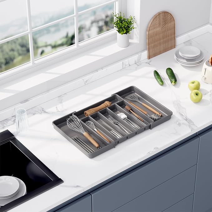 Aujen Silverware Drawer Organizer, Adjustable Utensil Cutlery Tray | Expandable Kitchen Organizer for Forks Knives, Multipurpose Kitchen Storage, Apartment Essentials, Grey, Large - Image 8