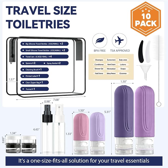 Travel Bottles for Toiletries 10 Pack, TSA Approved Travel Size Toiletries Essentials Containers Set, Leak Proof Silicone Bottles Kit, Refillable Liquid & Creams Accessories (PURPLE) - Image 3