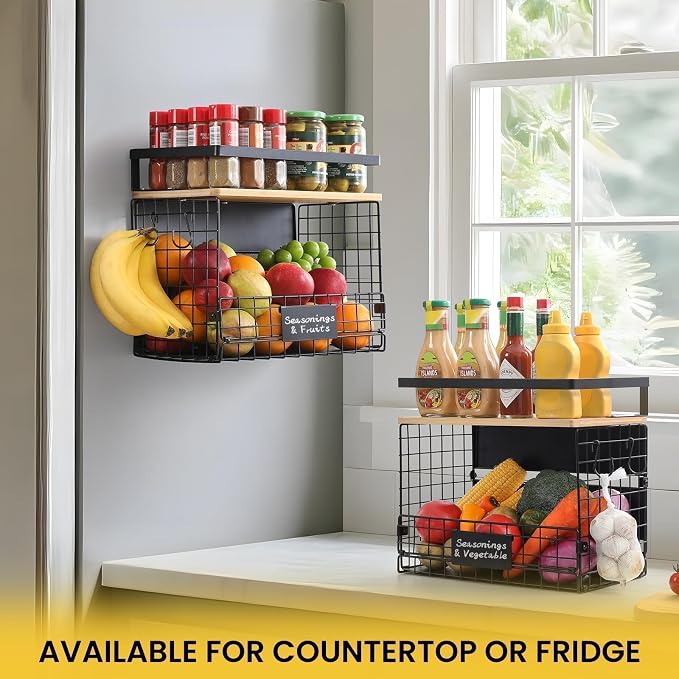 [WIDER SHELF] 1 SET Strong Magnetic Shelf Basket for Fridge with Tag & Bamboo Top, XXL Large Magnetic Spice Rack Shelves for Side of Refrigerator, Kitchen Pantry Storage Organizer for Food Fruit Veg - Image 4