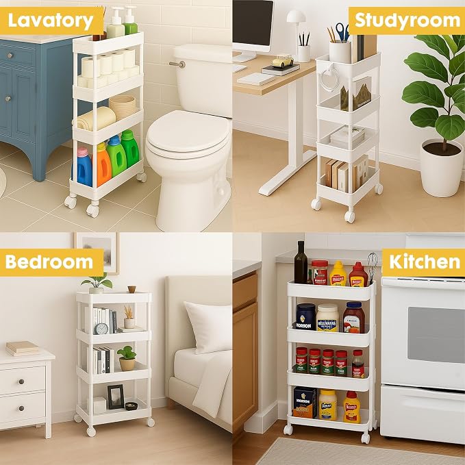 ShellKingdom 4 Tier Bathroom Storage Organizer, Slim Rolling Storage Cart for Narrow Space, Mobile Shelving Unit with Lockable Wheels and Hooks for Bathroom, Kitchen, Laundry Movable Shelf (White) - Image 2