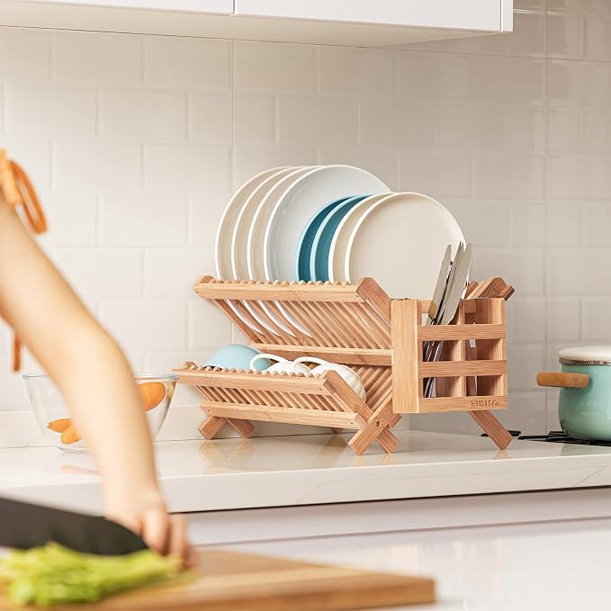 HBlife Dish Rack, Bamboo Folding 2-Tier Collapsible Drainer Dish Drying Rack with Utensils Flatware Holder Set (Dish Rack with Utensil Holder) - Image 5