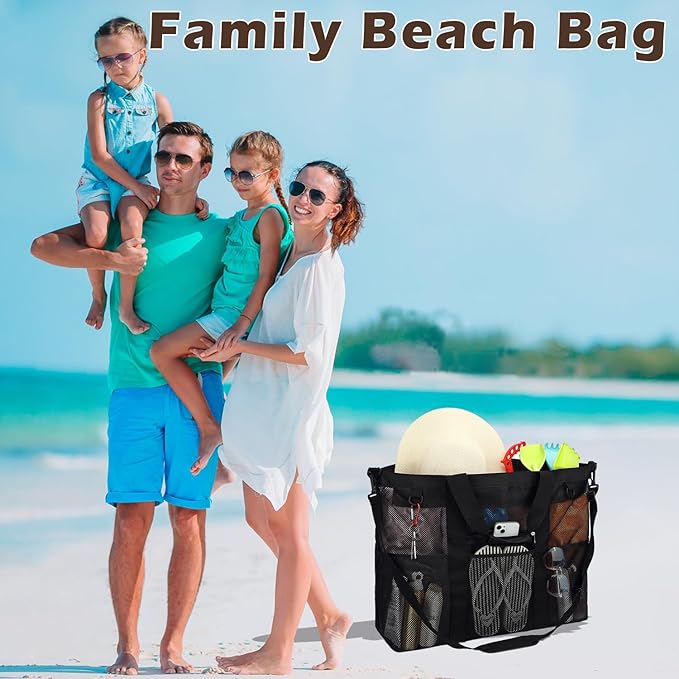 Fammart Mesh Beach Bag for Women, Large Beach Toy Pool Bag with Zipper Pocket, SandProof Cruise Essentials 2026 Family Travel - Image 2