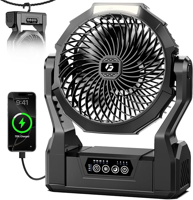XZK 36000mAh Rechargeable Camping Fan, Battery Powered Portable Travel Fan | 98H Runtime, LED Light, Quiet Desk Fans for Indoor,Outdoor,Fishing,Jobsite & Hurricane Emergency, Gifts for Men Dad Him by Unknown