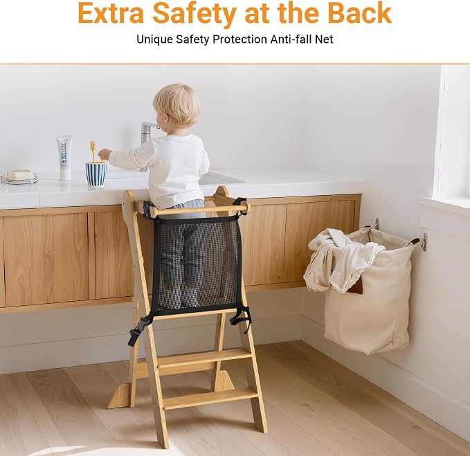 COSYLAND Foldable Toddler Kitchen Stool Helper - Standing Stool Tower | Folding 2-level Height Stand Tower, kids 18M-6Y, 70% pre-assembled anti-tip & non-slip bathroom Sink or Kitchen Counter - Image 7