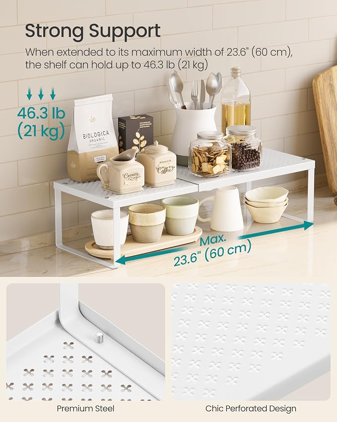 SONGMICS Spice Rack, Expandable Kitchen Countertop Shelf, Steel | Small Cupboard Organizer, Space-Saving, Tabletop, Matte White, BEQUE Collection UKCS402W01 - Image 4