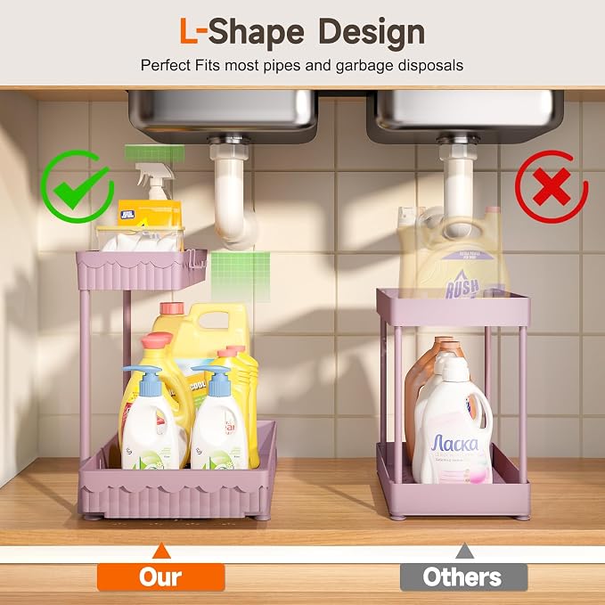3-Pack 2-Tier L-Shaped Under Sink Organizers with Sliding Drawers | Multi-use kitchen & bathroom storage, 12.85 inch pink cabinet organizer, space-saving sliding drawer design. - Image 2