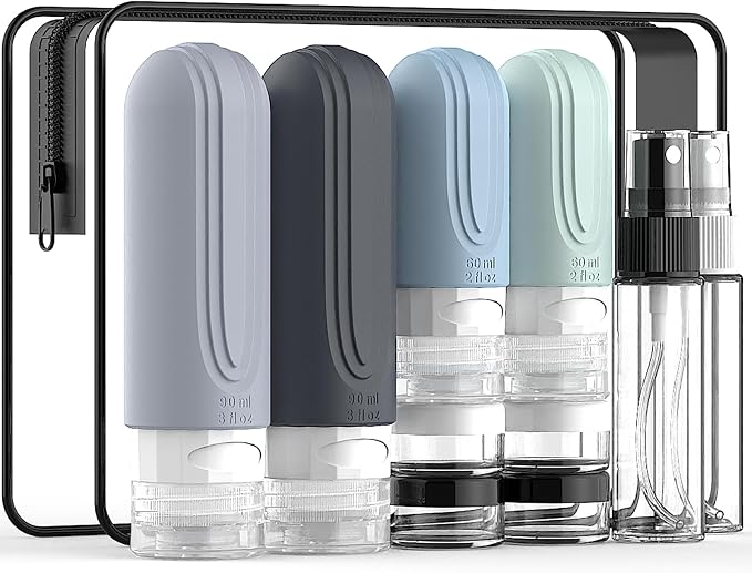 Travel Bottles for Toiletries 10 Pack, TSA Approved Travel Size Toiletries Essentials Containers Set, Leak Proof Silicone Bottles Kit, Refillable Liquid & Creams Accessories (GRAY) by YIIMER