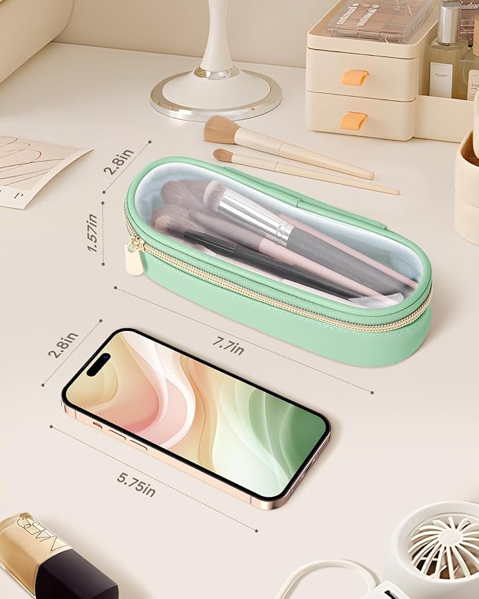 Soimeat Clear Travel Makeup Brush Holder, Leather Makeup Brush Toiletry Bag, Portable Cosmetic Brush Case, Transparent Waterproof Makeup Brush Storage Bag, Mint Green - Image 3