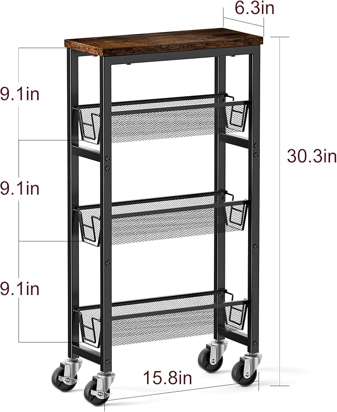 Honest Slim Storage Cart 4-Tier Slim Rolling Cart with Metal Frame and Wooden Top, 6.3 Inches, Storage Cart for Kitchen, Dining Room, Living Room, Bathroom, Home Office, Rustic Brown and Black - Image 2