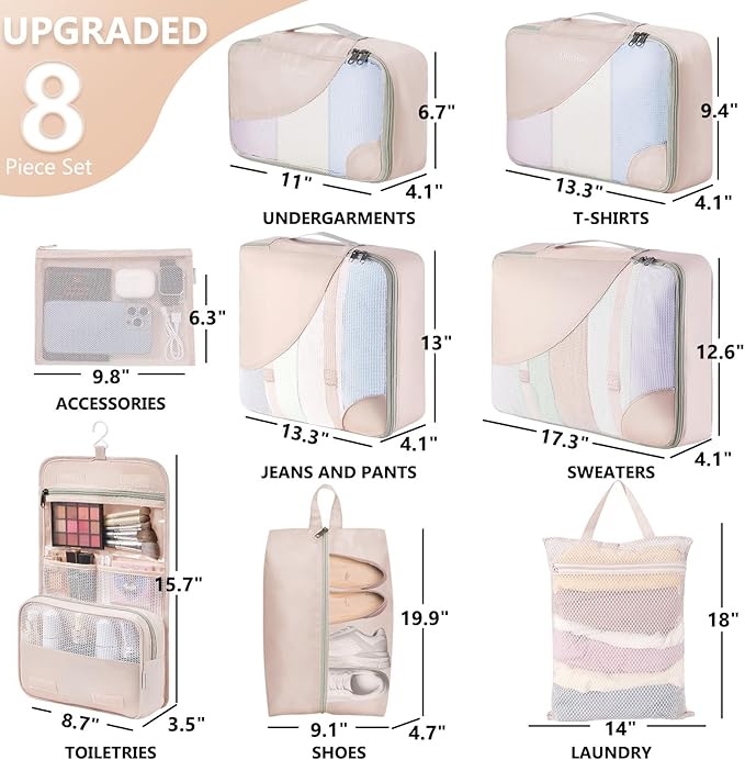 8 Set Packing Cubes for Travel, Gifts for Women Mom,Anti-Tearing Suitcase Organizer for Luggage with Shoe & Hanging Toiletry Bag,OlarHike Vacation Essentials & Accessories for Cruise Ship - Image 2