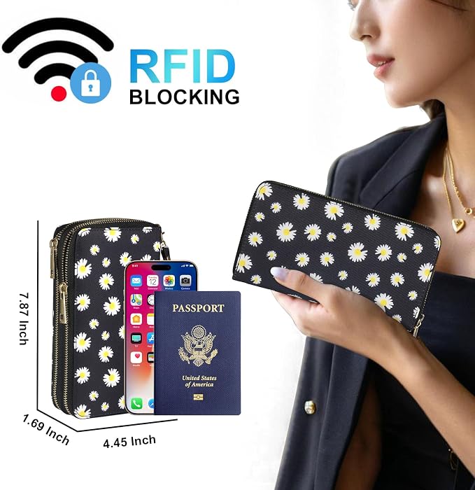 RFID Blocking Cellphone Wallet for Women with Wrist Strap, Double Zipper Travel Clutch Purse Large Capacity, Daisy - Image 2