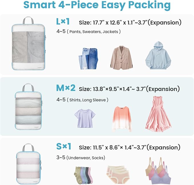 Cambond Mesh Compression Packing Cubes for Travel - 4 Set Organizers, White | Keep Clothes Sorted, See Through Mesh helps quickly find what you need, Compression Zip Design, Lightweight, Luggage Tidy - Image 5