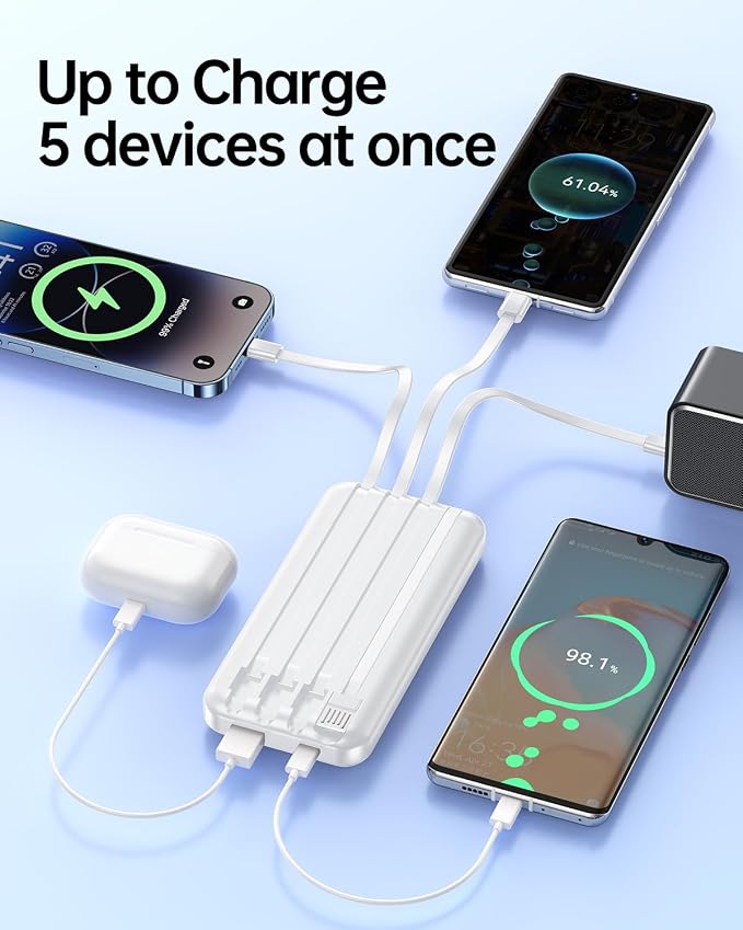 Portable Charger with Built in Cable 20000mAh Fast Charging | Power Bank USB C Slim 22.5W LED Display Battery Pack 5 Outputs & 3 Inputs for Travel Essentials iPhone Samsung Phones White - Image 5