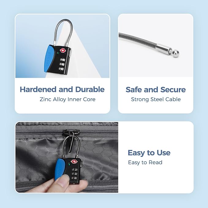 pack all TSA Approved Travel Luggage Locks, Resettable 3-Digit Code | Open Alert Indicator, Flexible Steel Cable, Zinc Alloy Body, Clear Number Dials, For Suitcase, Toolbox, Backpack, 4 Pack - Image 5