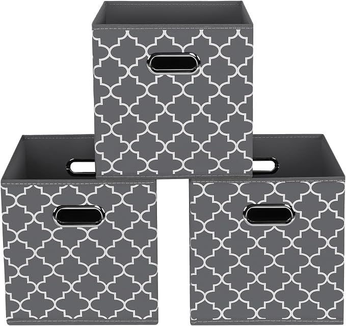Fabric storage bins Cubes, Fabric Cube Organizer with Handle, Foldable Cube Bins for Cloth or Accessary Storage, 11x11x11, Set of 3, (Gray Light) by Yunkeeper