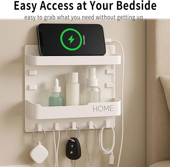 Bedside Wall Shelf Organizer with 5 Hooks & Cable Clips, Plastic Adhesive Wall Mount Storage Rack for Phone, Remote, Earphones, Kindle, Bedroom, Dorm, RV (Clear) - Image 4