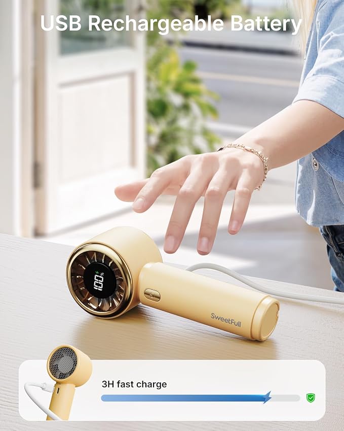 SWEETFULL Portable Handheld Fan, Mini Rechargeable Personal Hand Fan | Strong Airflow, Pocket-Sized, Up to 12H, 5 Speeds, Quiet Cooling Travel Essentials, Cute Gifts for Women, Girls, Lash, Makeup - Image 5