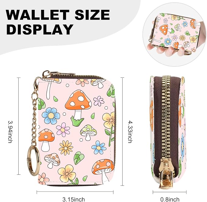 Credit Card Holder for Women,Small Rfid Wallet with Keychain Zipper,Cute PU Leather Card Case Wallet，Accordion Credit Card Wallets Gift,Little Mushroom - Image 4