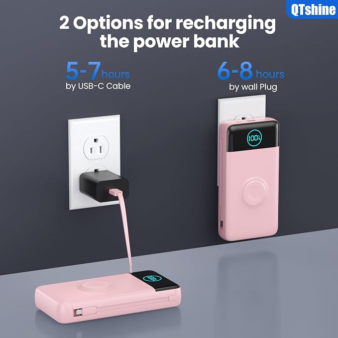 Portable Charger for iPhone, 40800mAh Power Bank with Built-in Cables & AC Wall Plug, 5 Outputs USB C Fast Charging External Battery Pack for iPhone 17/16/15/14, Android, Travel Essential (Pink) - Image 2