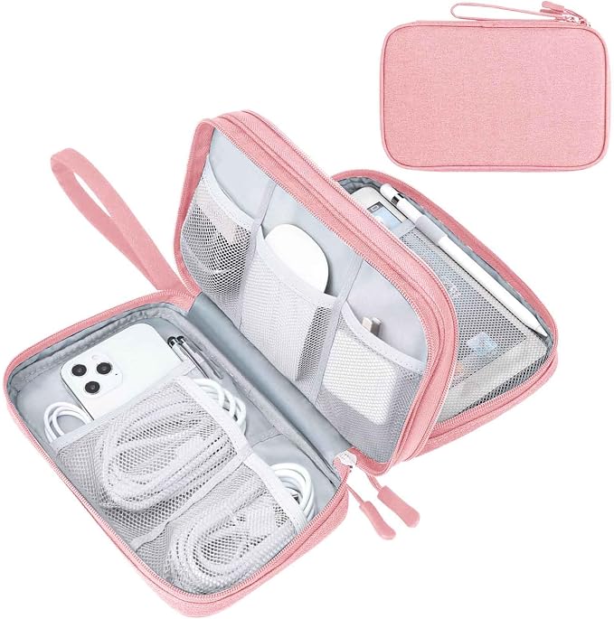 FYY Electronic Organizer, Travel Tech Pouch Bag, Large, Pink | Wrist Strap, Waterproof, Double Layers Portable Electronics Travel Carrying Case for Cord, Charger, Daily Business Trips Use by FYY