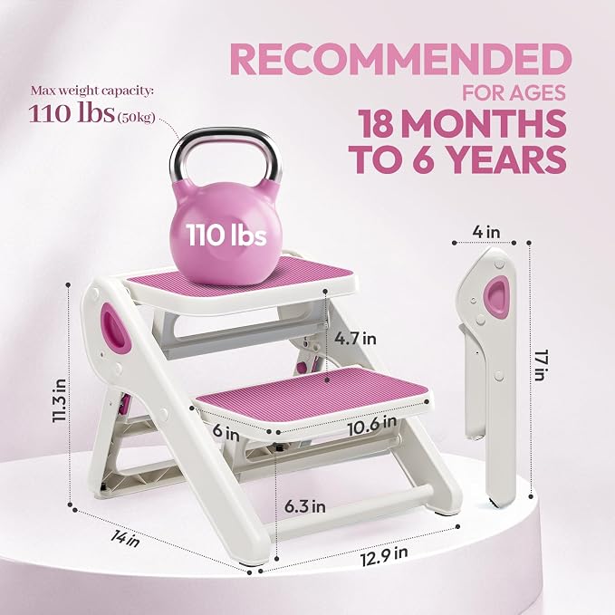 Foldable Toddler Step Stool for Bathroom Sink, Toilet, Bedroom, Kitchen – Non-Slip, Space-Saving, BPA-Free, Supports 110 lbs, Kids Step Stool (Pink) - Image 6