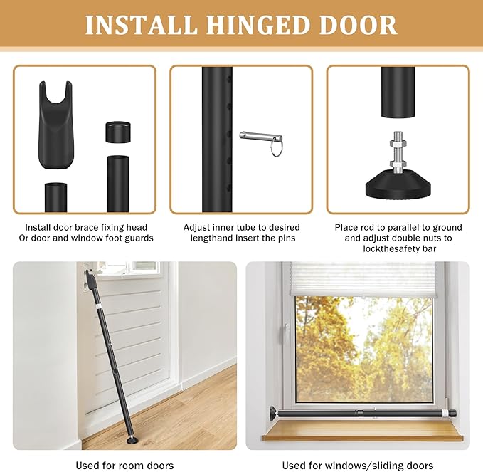 Sliding Door Security Bar and 2-in-1 Sliding Glass Door Stoppers Security for Patio, Home, Hotel Door Stick Security（2Pack Black） - Image 3