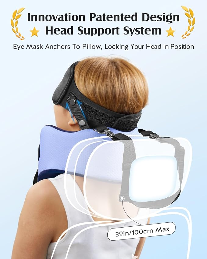 YFONG Travel Pillow with 3D Sleep Mask for Long Flights Airplane, Blue | Patented 360° Ergonomic Sleeper Hold Head Support System, Memory Foam Neck Pillow, Prevents Head Bobbing, Adjustable Strap - Image 3