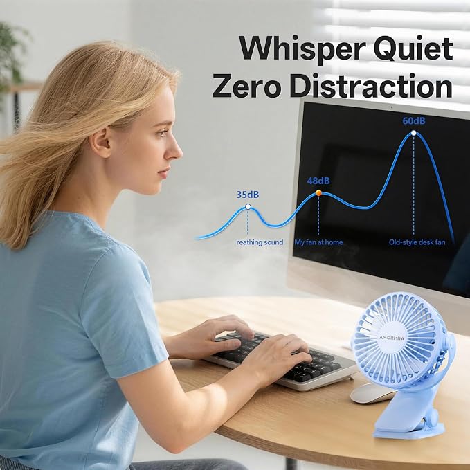 Portable Clip on Fan Rechargeable Mini for Desk Golf Camping Blue | 4000mAh 20H Battery, Quiet Brushless Motor 4.5m/s, One-Click Shutdown, 3 Speeds, Detachable Cover, Type-C Charge, 360° Rotate - Image 3