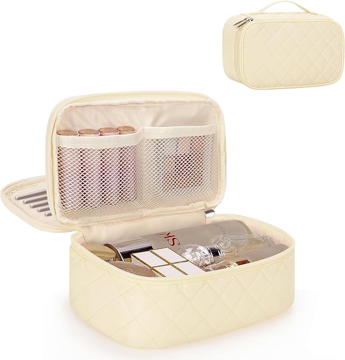 Relavel Travel Makeup Bag, Small Cosmetic Bag with Makeup Brush Compartment | Double Layer Makeup Organizer Bag with Handle, Portable Toiletry Bag Makeup Pouch for Women, White by Relavel