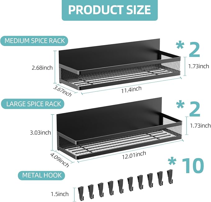 Magnetic Spice Rack for Refrigerator, 4 Pack Magnetic Shelf with 10-Hook Rack, Carbon Steel, Black, for Kitchen Organizers and Storage - Image 6