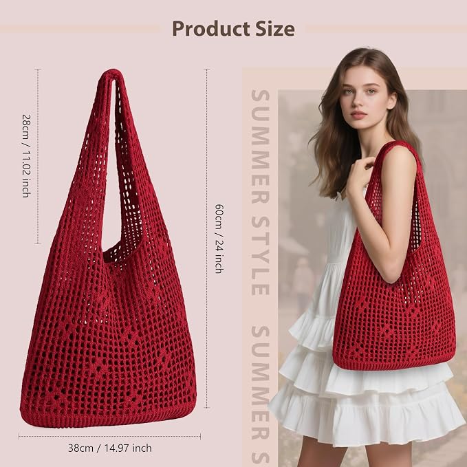Sightor Crochet Tote Bag, Mesh Beach Bag Knit Summer Hobo Bag for Women | Beach Tote bag Vacation Outfits Aesthetic Boho Bag - Image 2