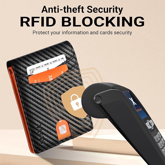 VATAN Wallet for Men Slim RFID Blocking Leather Credit Card Holder Wallet for 15 Cards, Bifold Minimalist Thin Wallet with 2 ID Windows & Cash Slot, With Gift Box (Carbon Black and Orange) - Image 5